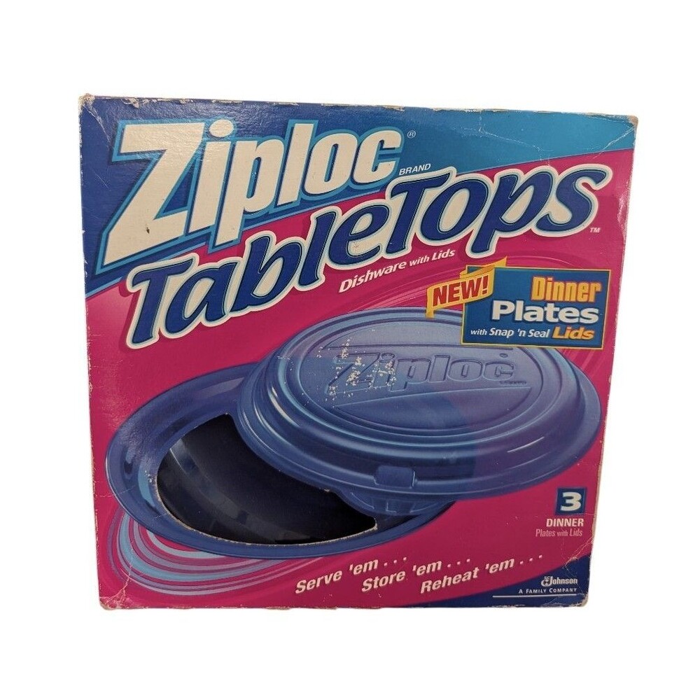 Vintage Ziploc Tabletops Dinner Plates Snap 'n Seal Lids 3 Pack Blue Dishware